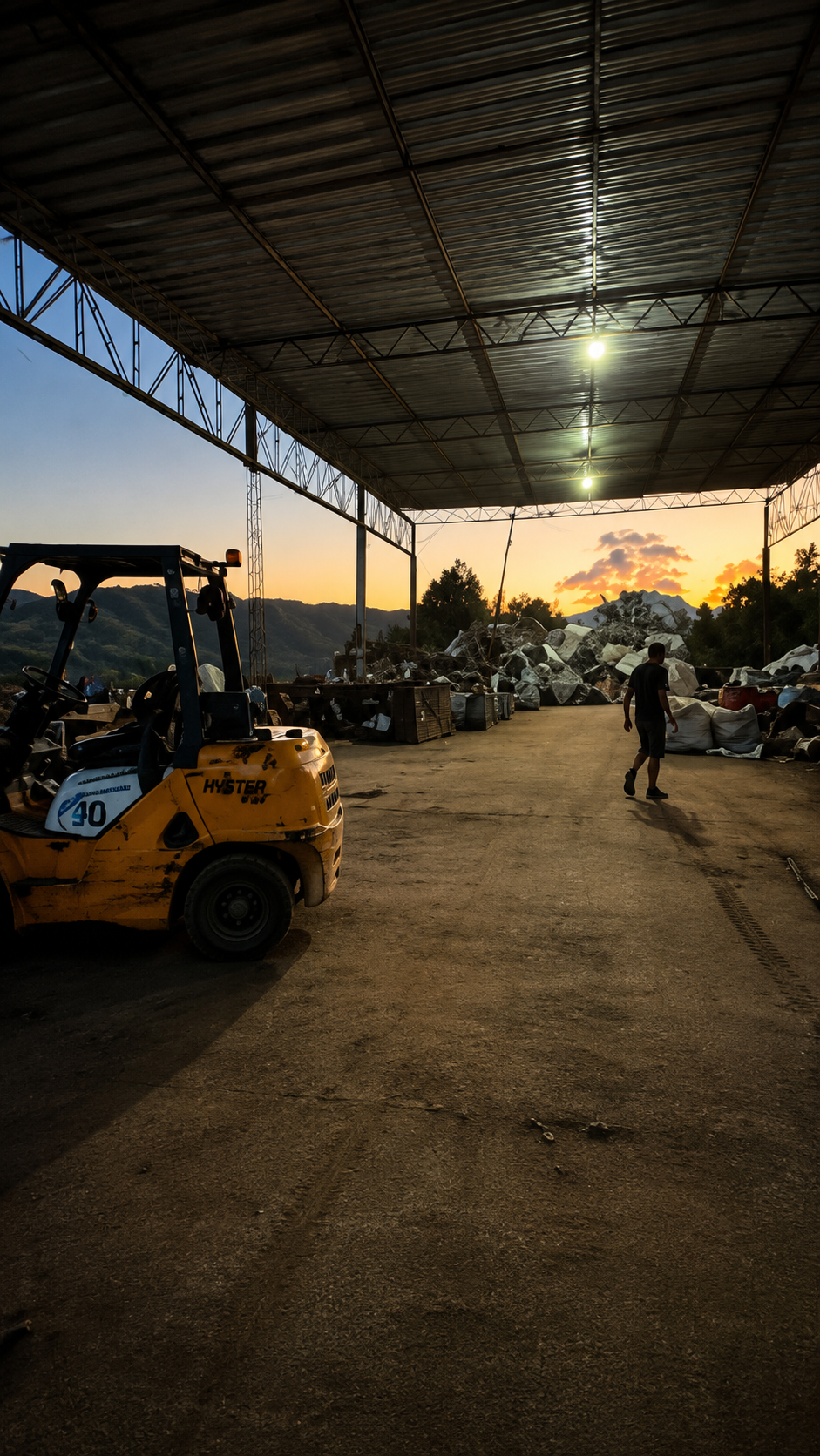 Pátio coberto da RC Sucatas com empilhadeira e estrutura organizada ao pôr do sol